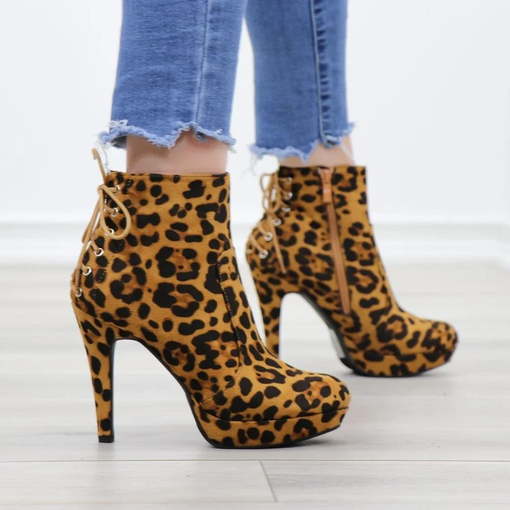 Leopard Back Lace Suede Heeled Ankle platform Booties - Picture 5 of 12